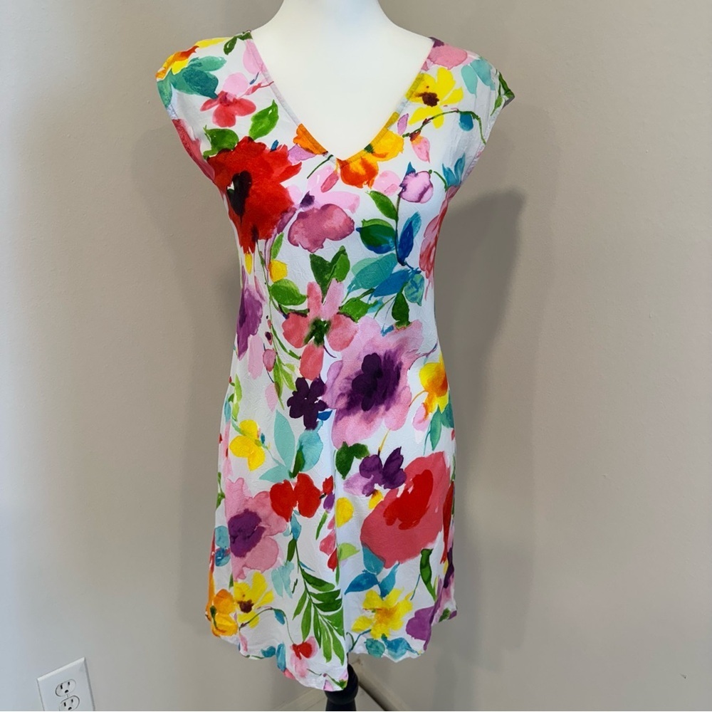Jams World Hawaii Floral V-Neck Shift Mini Dress Beach Resort Tropical Artsy XS